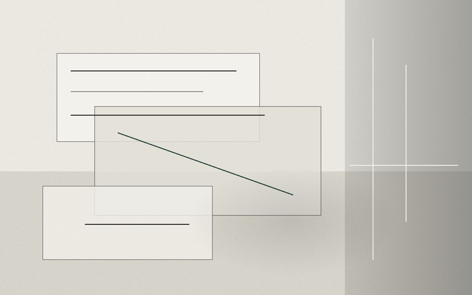 Abstract private office composition with layered decision papers and precise graphite linework